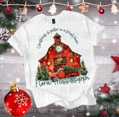 Custom Red Barn Small Town Christmas Top — design example 1
