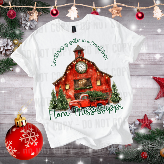 Custom Red Barn Small Town Christmas Top — design example 1