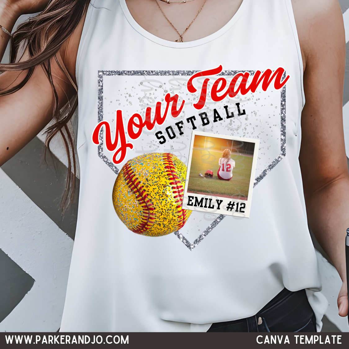 Custom Your Team Softball Faux Glitter Polaroid Top mockup showing the pictured apparel design.