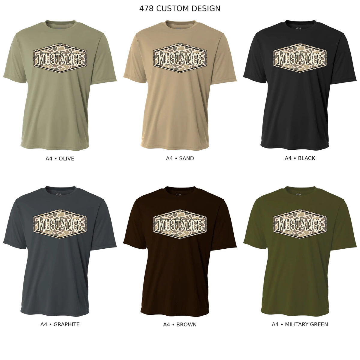 Mustangs clean camo badge, solid lettering, on A4 Olive, Sand, Black, Graphite, Brown and Military Green shirts