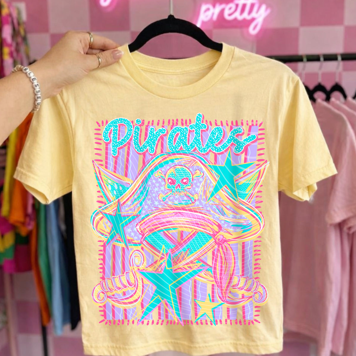 Neon Star Pirates Game Day Top apparel mockup