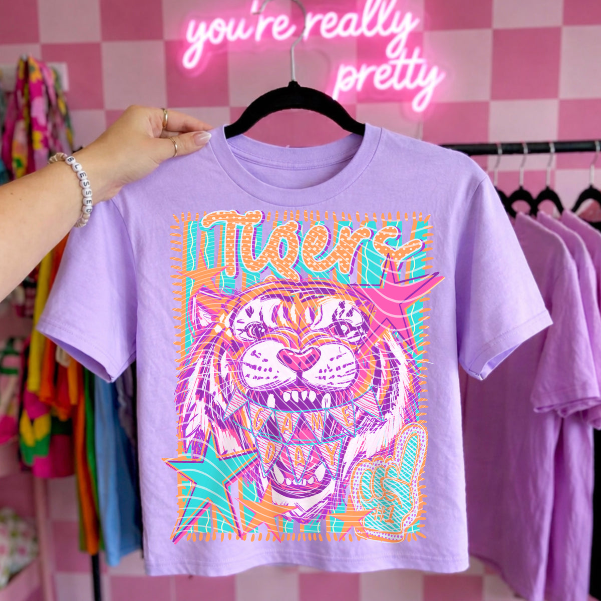 Neon Star Tigers Game Day Top apparel mockup