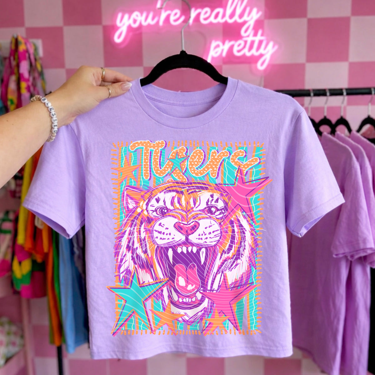 Neon Star Tigers Top apparel mockup