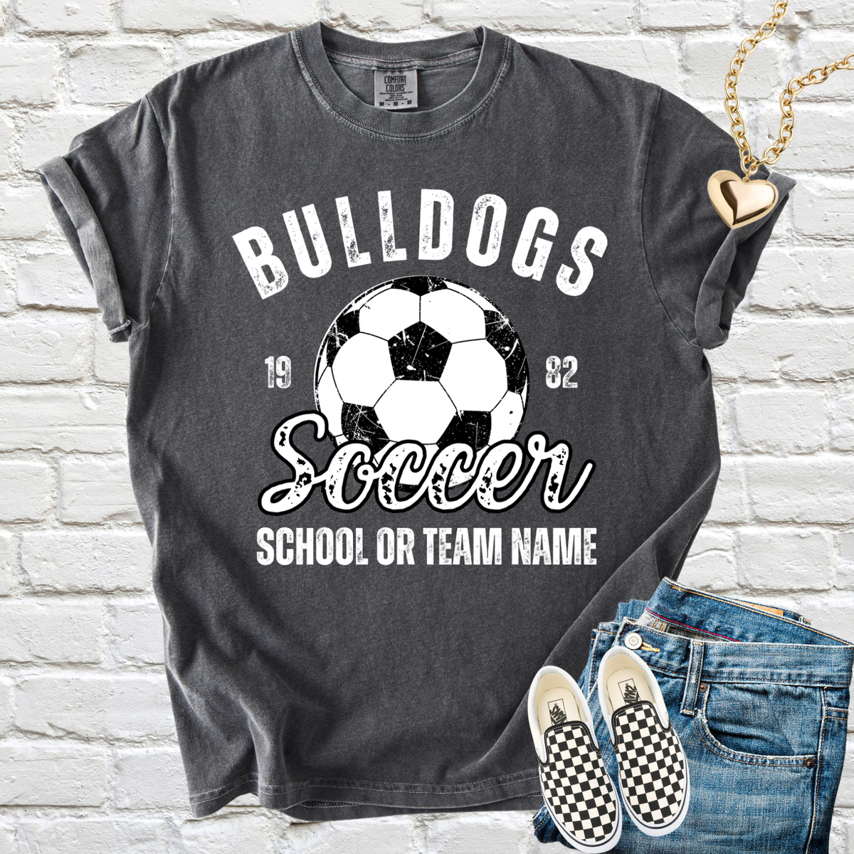 Custom Vintage Soccer Top mockup showing the pictured apparel design.