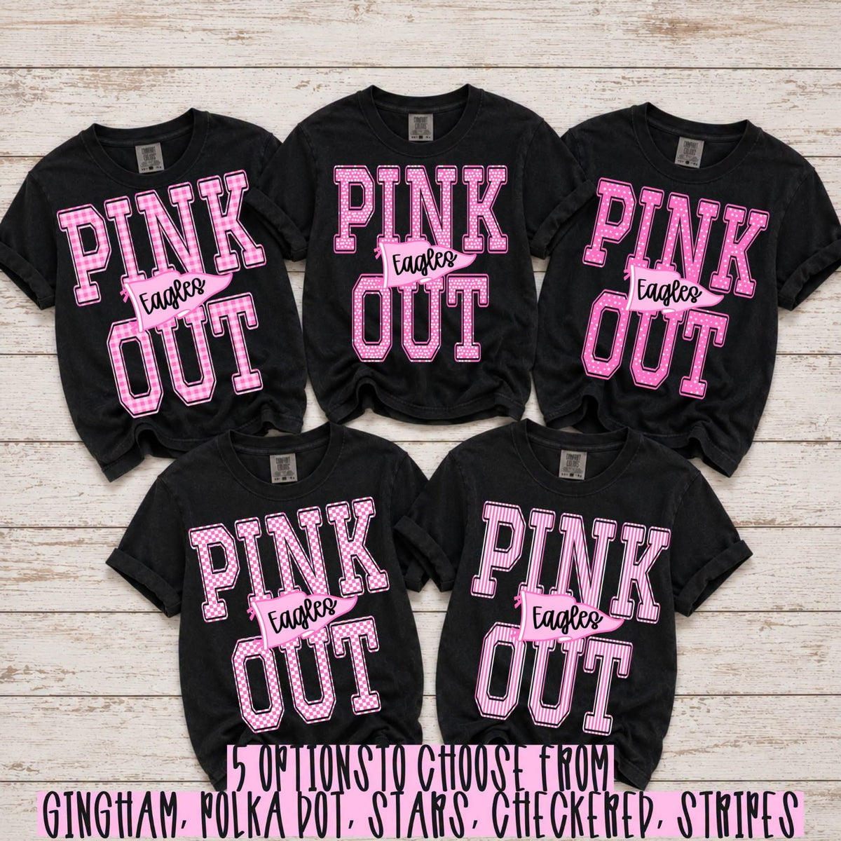 Pink Out custom team shirts in five patterns: gingham, polka dot, stars, checkered, and stripes