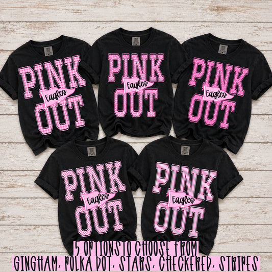 Pink Out custom team shirts in five patterns: gingham, polka dot, stars, checkered, and stripes