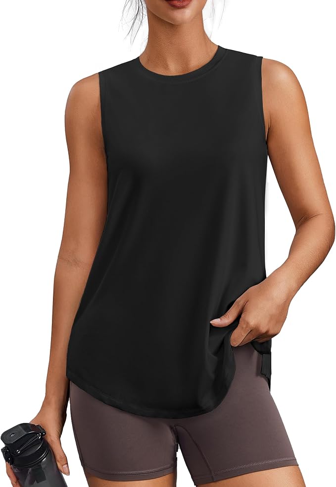 PINSPARK women's crew neck side-slit athletic tank in black