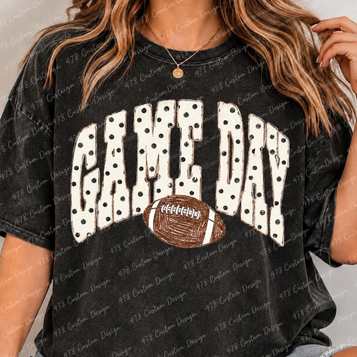 Polka dot Game Day football design on a charcoal tee