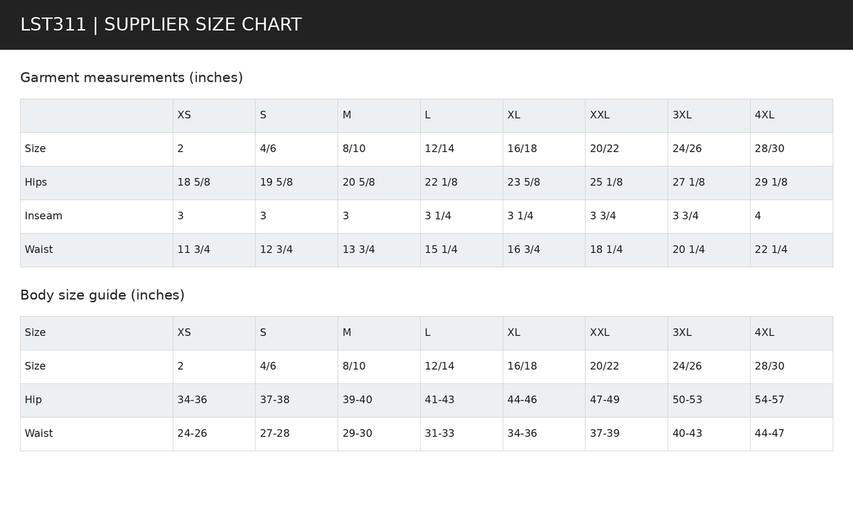LST311 supplier garment measurements and body size guide in inches