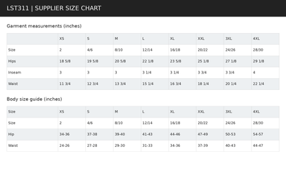 LST311 supplier garment measurements and body size guide in inches
