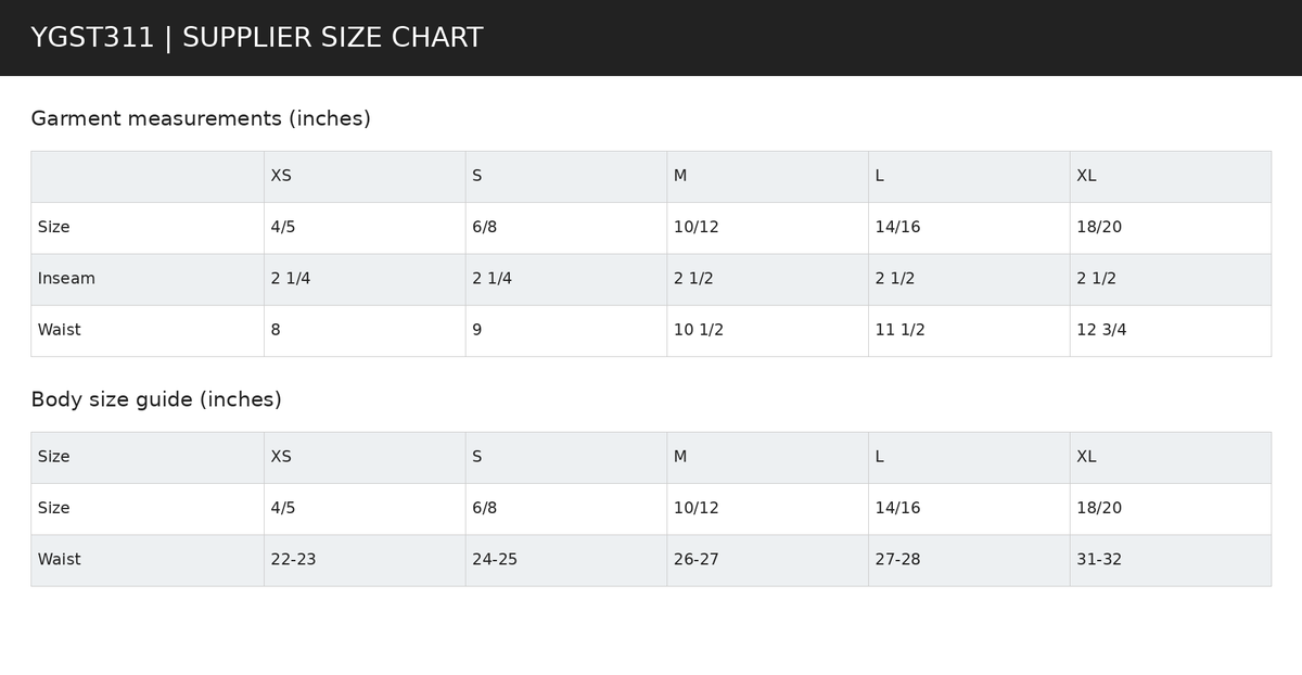 YGST311 supplier garment measurements and body size guide in inches