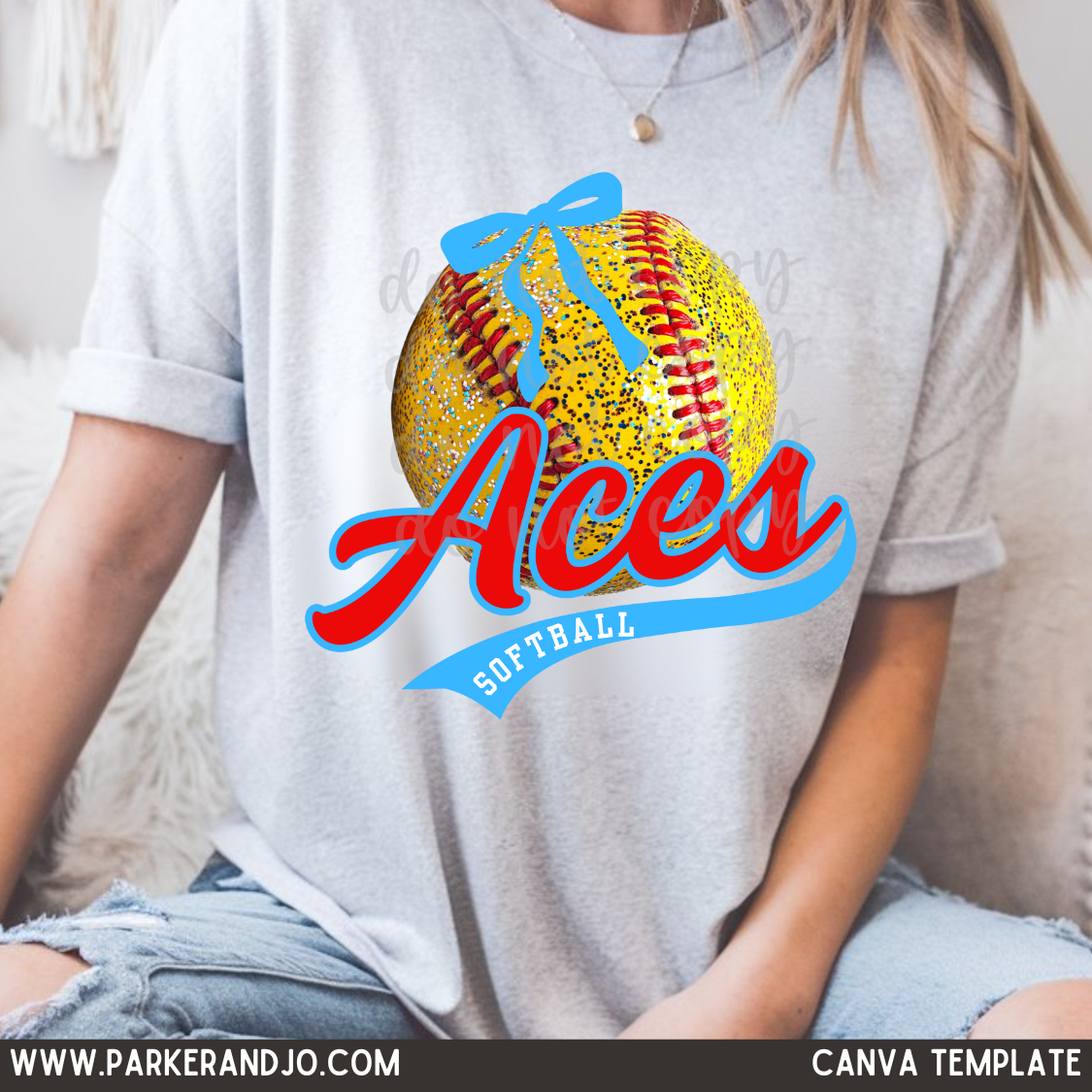 Custom Softball Faux Glitter With Bow Team Top mockup showing the pictured apparel design.
