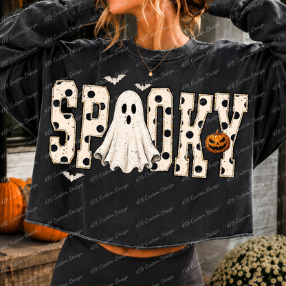 Spooky ghost Halloween design on a charcoal sweatshirt