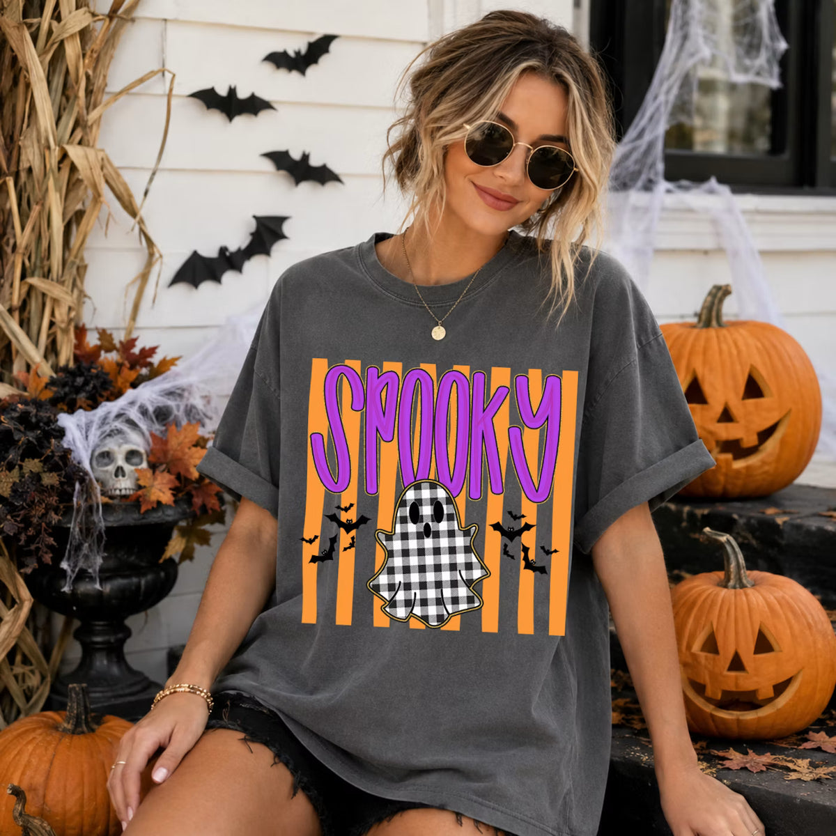 Spooky Checkered Ghost and Stripes