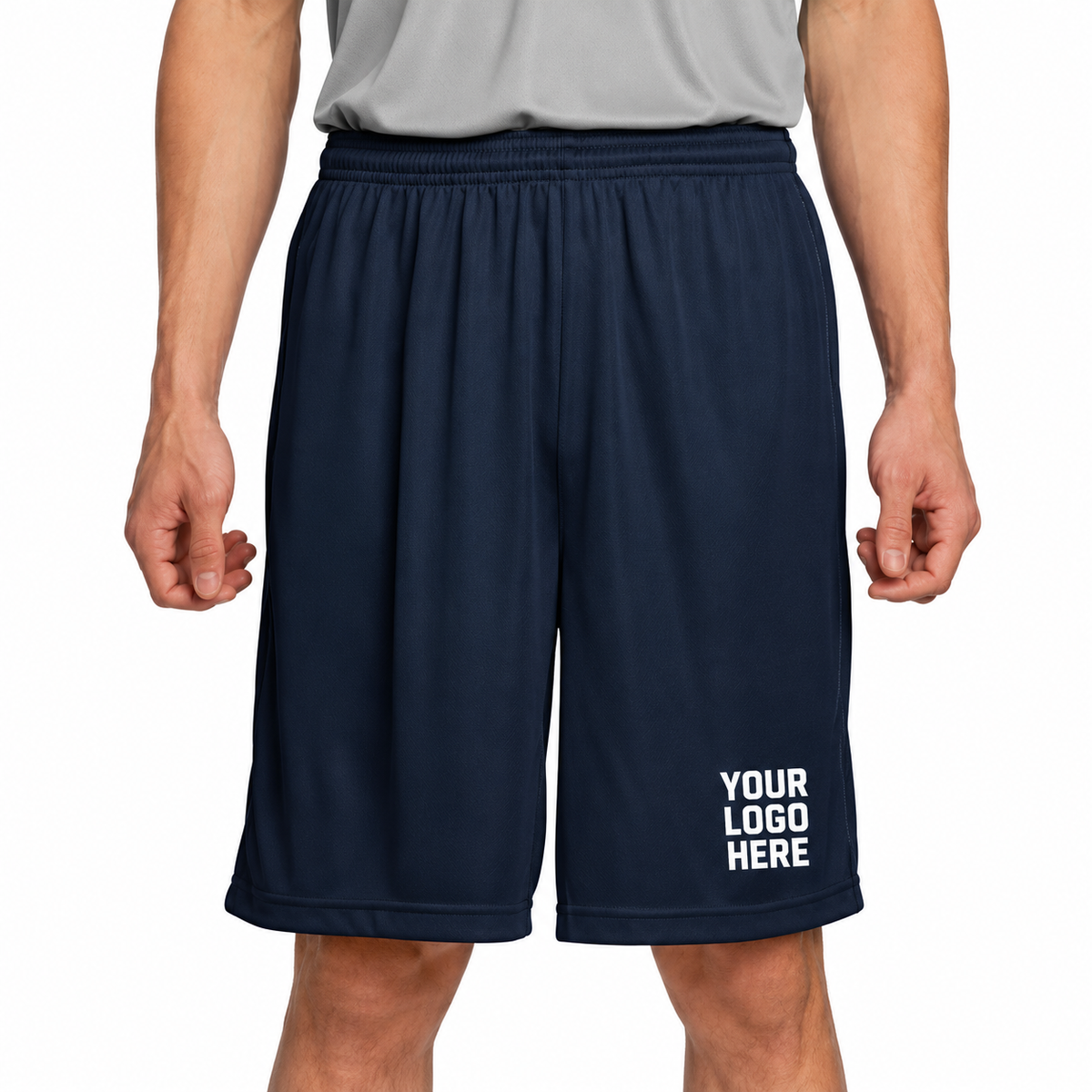 Sport-Tek ST355 custom shorts — YOUR LOGO HERE on front leg