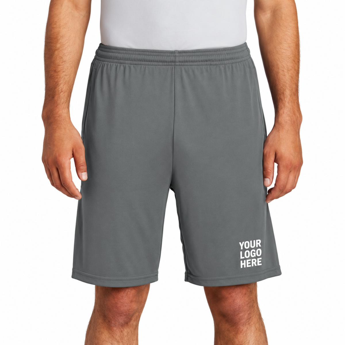 Sport-Tek ST355P custom shorts — YOUR LOGO HERE on front leg