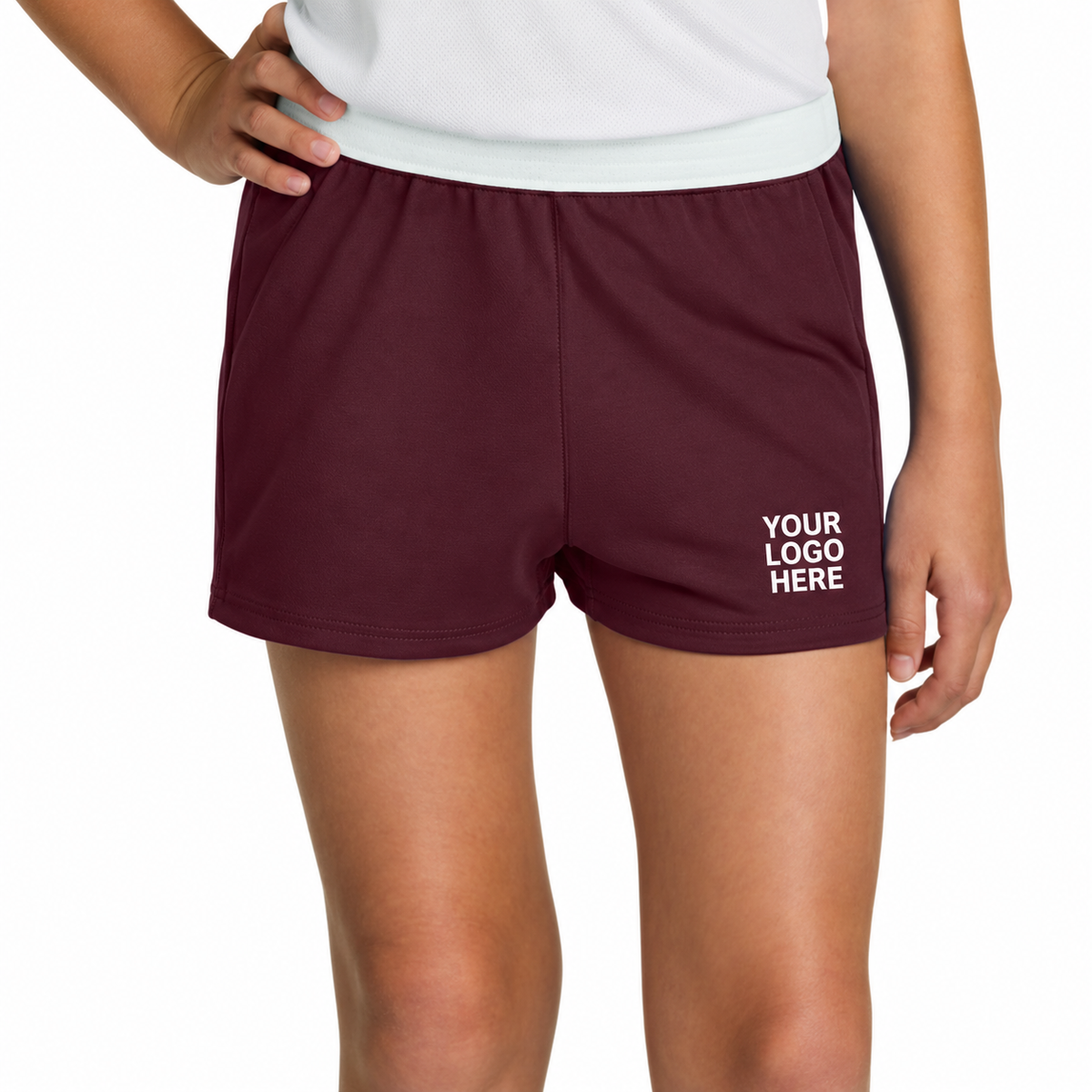 Sport-Tek YGST311 custom shorts — YOUR LOGO HERE on front leg