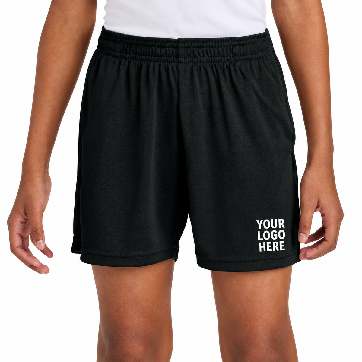 Sport-Tek YST349P custom shorts — YOUR LOGO HERE on front leg