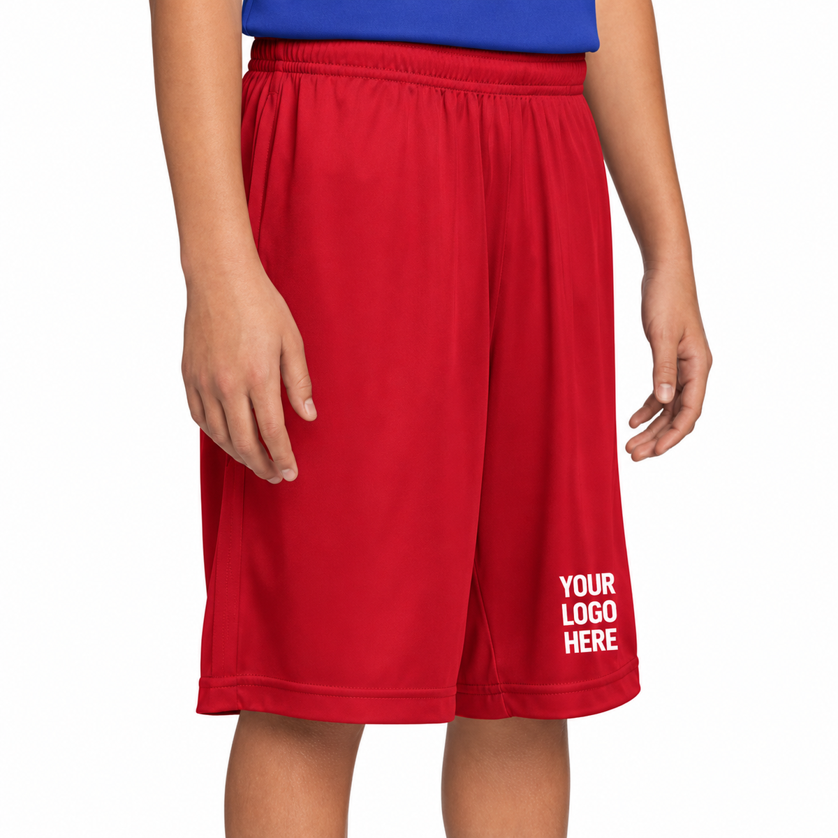 Sport-Tek YST355 custom shorts — YOUR LOGO HERE on front leg