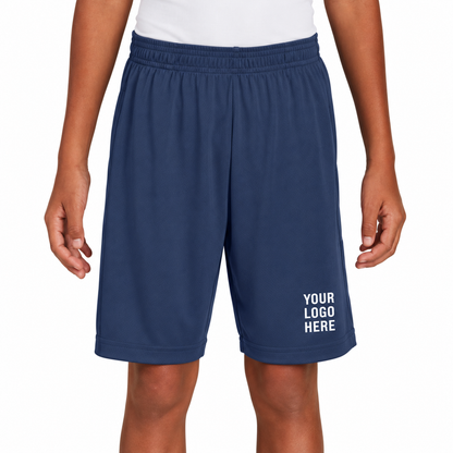 Sport-Tek YST355P custom shorts — YOUR LOGO HERE on front leg