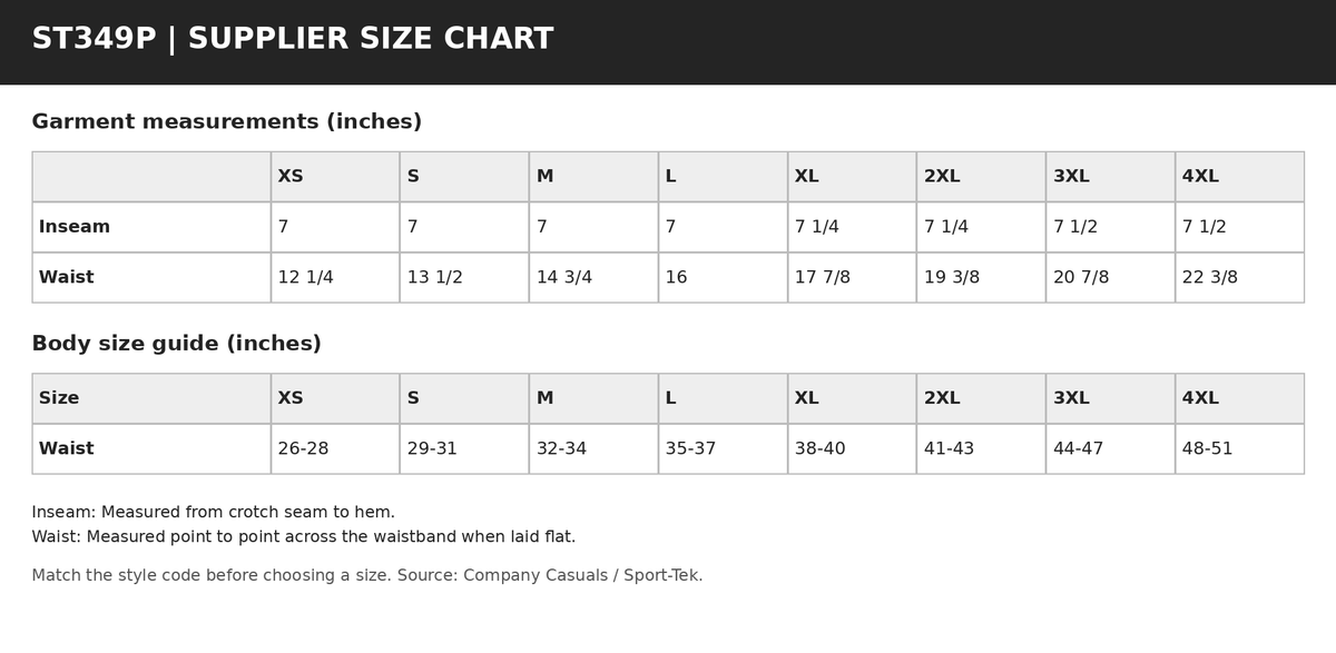 ST349P supplier garment measurements and body size guide in inches