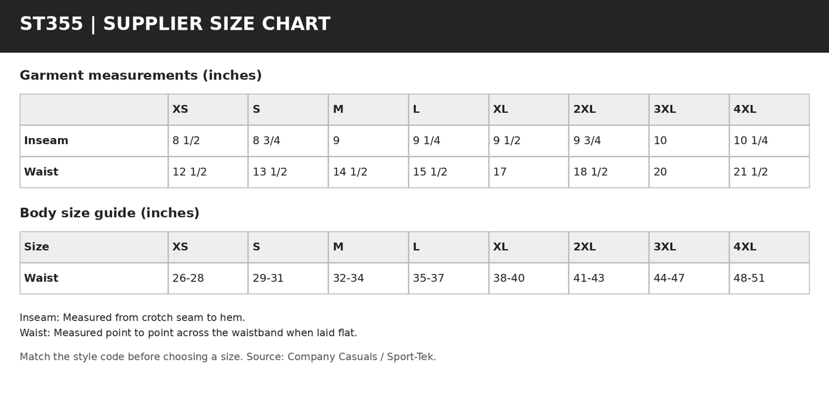 ST355 supplier garment measurements and body size guide in inches