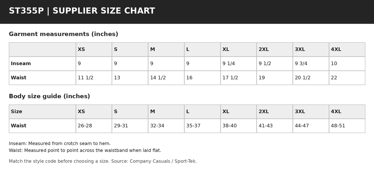 ST355P supplier garment measurements and body size guide in inches