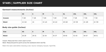 ST485 supplier garment measurements and body size guide in inches