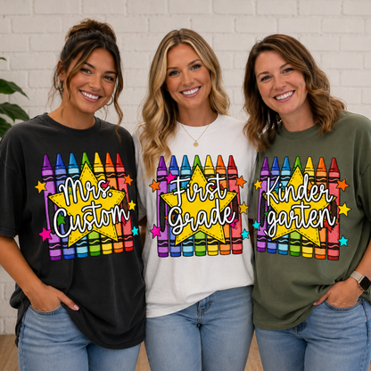 Custom Colorful Crayons Back To School Teacher Top — design example 1