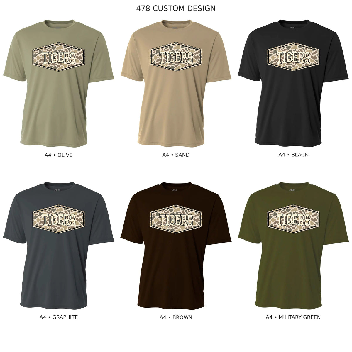 Tigers clean camo badge, solid lettering, on A4 Olive, Sand, Black, Graphite, Brown and Military Green shirts