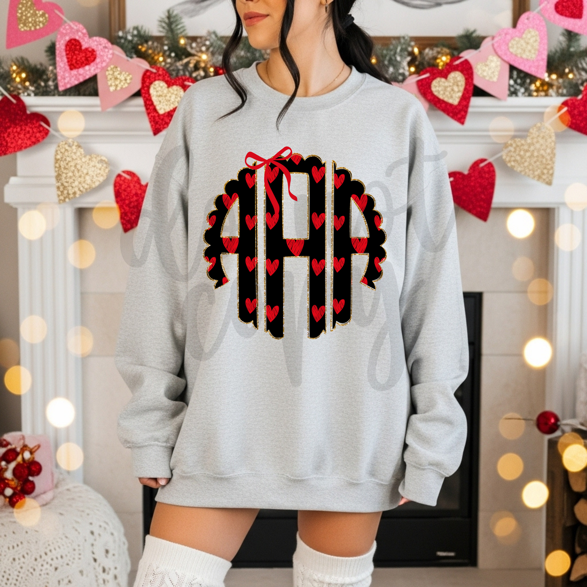 Custom Valentines Hearts Gold Outline Monogram Top — design example 1