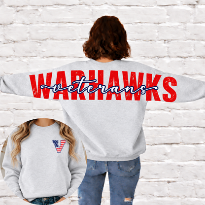 Veterans Warhawks modeled ash crewneck with big-back print sized to match the Color Guard top and included American flag V front chest logo