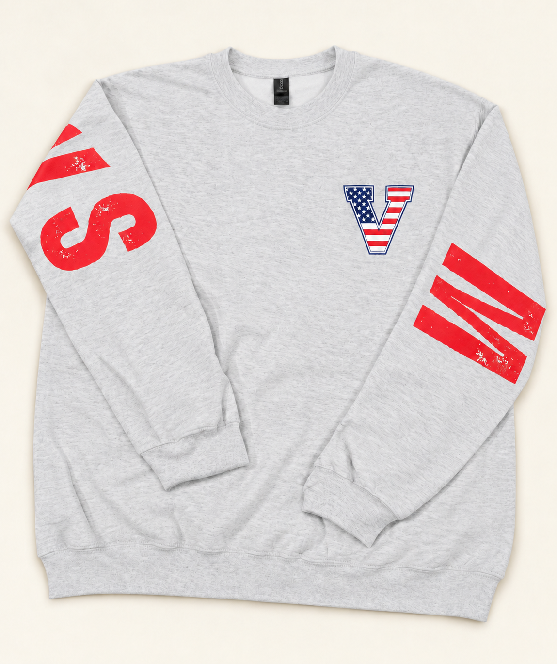 Retouched photo of the finished ash Veterans Warhawks sweatshirt with American flag V chest logo