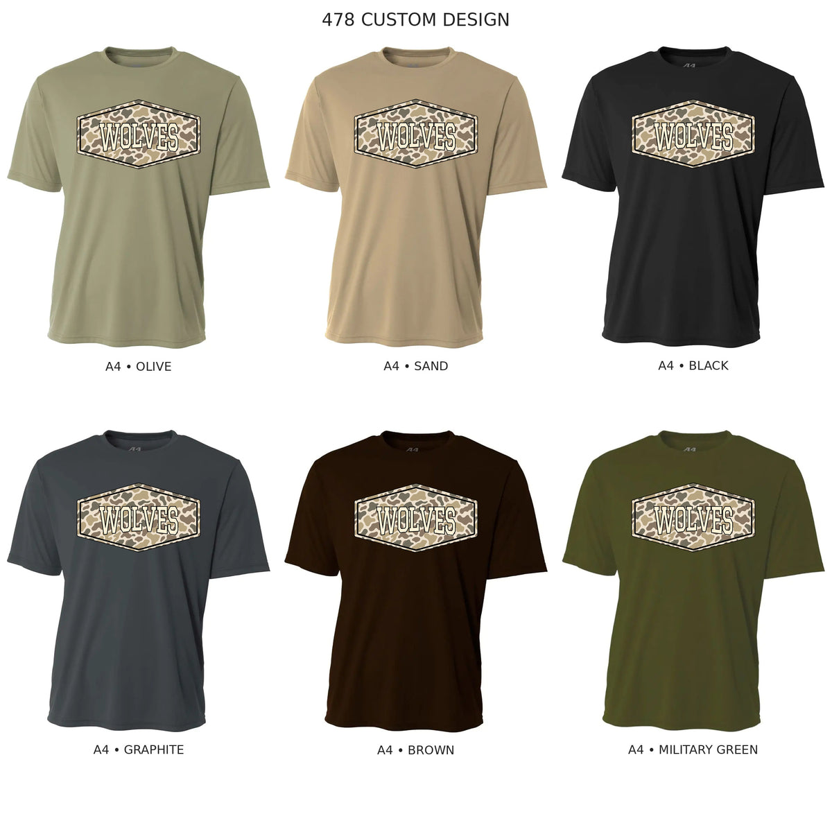 Wolves clean camo badge, solid lettering, on A4 Olive, Sand, Black, Graphite, Brown and Military Green shirts