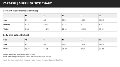 YST349P supplier garment measurements and body size guide in inches