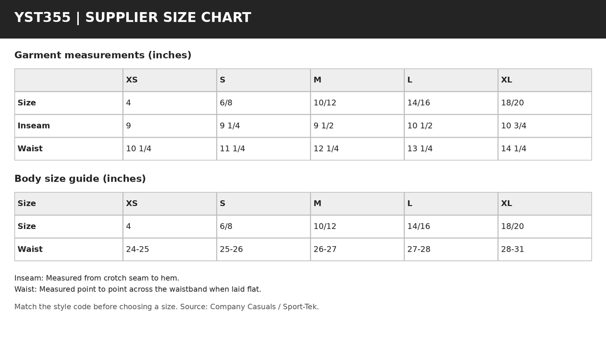 YST355 supplier garment measurements and body size guide in inches