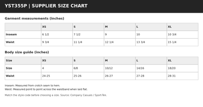 YST355P supplier garment measurements and body size guide in inches